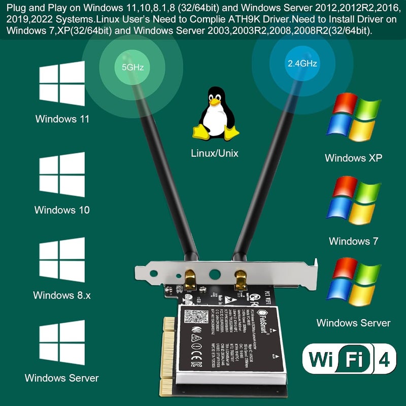 FebSmart Wireless N Dual Band 600Mbps (2.4GHz 300Mbps or 5GHz 300Mbps) PCI WiFi Adapter for Windows 11, 10, 8.x, 7, XP (32/64bit) and Windows Server Desktop PCs, PCI Interface WiFi Card (PCI-N600) - Image 4